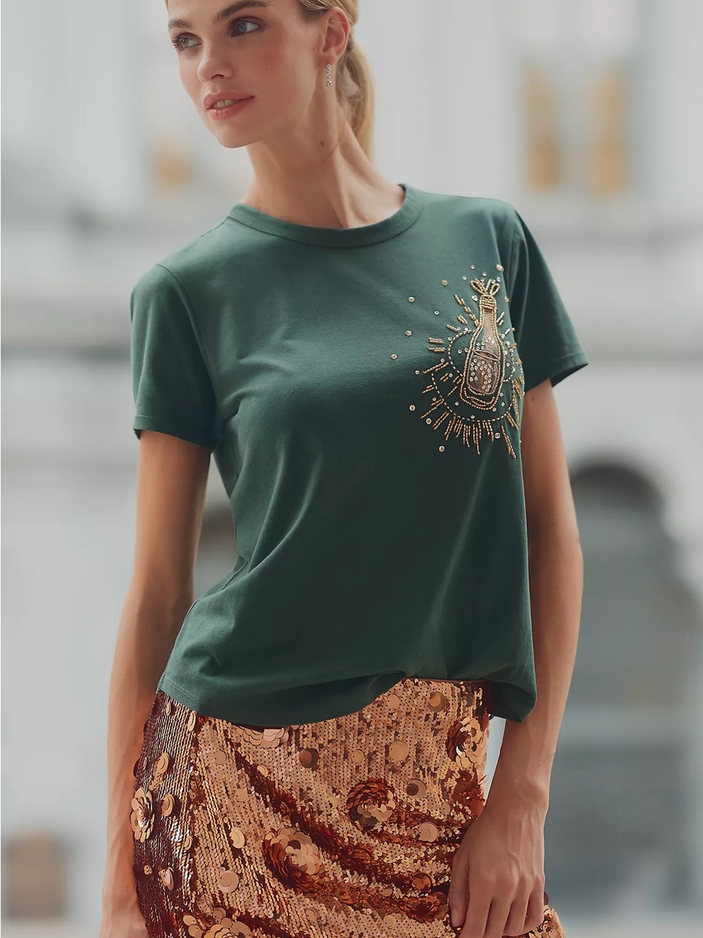Anthropologie Pilcro Bennie Embroidered beaded Tee champagne bottle